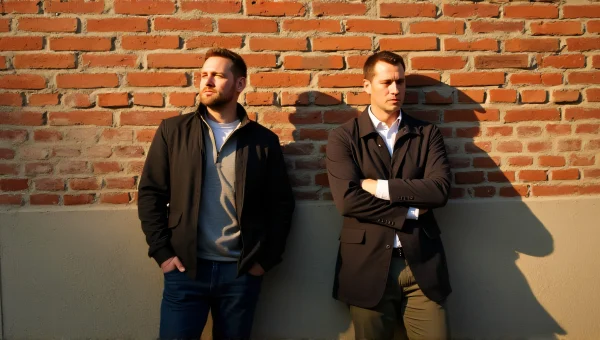 Men Standing Near Weathered Brick Wall Evening Light