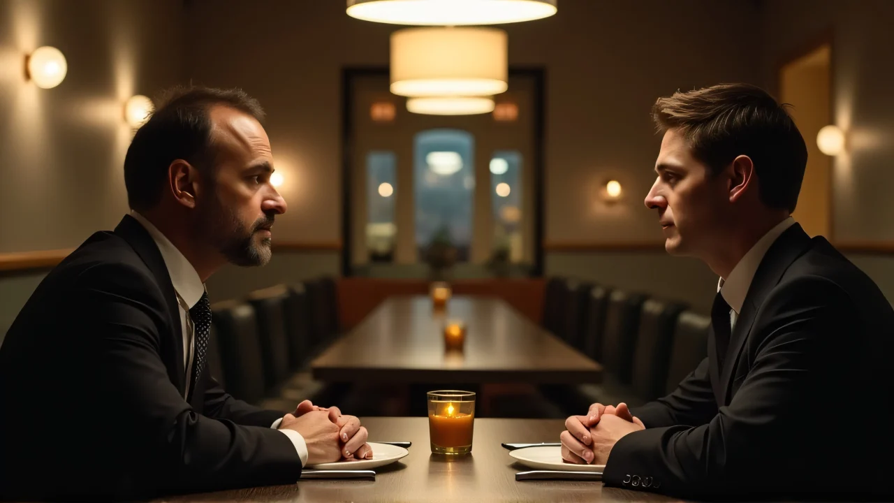 Two men in black suits having a conversation at a restaurant table under an overhead light.