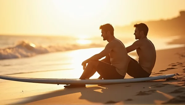 Men Surfboard Conversation On Sandy Shoreline