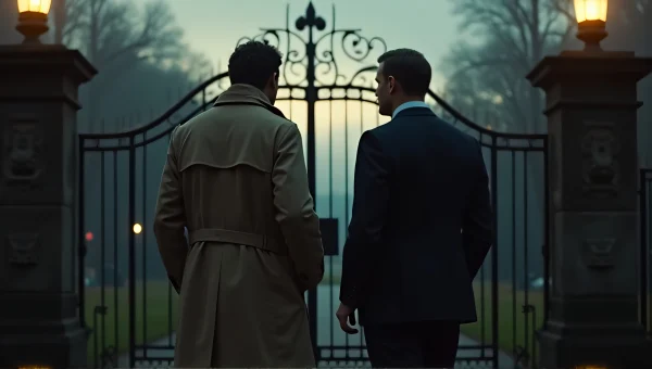 Men in Trench Coat and Suit Near Wrought-Iron Gate