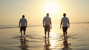 Men Wading Through Tide Pools At Sunset