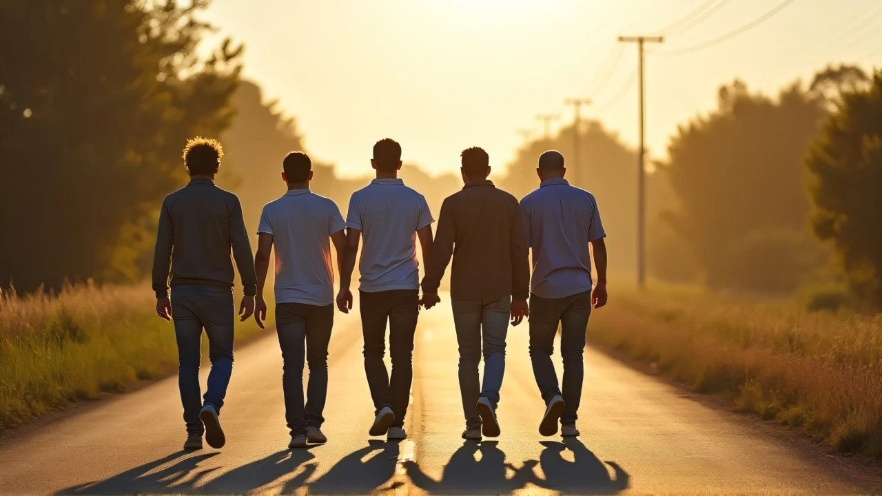 Four men casually walking on a rural asphalt road at midday, casting long shadows.