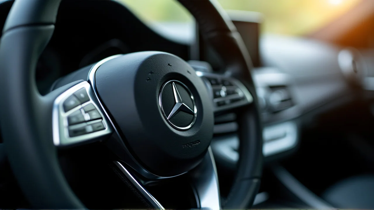 Close-up view of a luxurious Mercedes-Benz steering wheel with rich textures and natural lighting.
