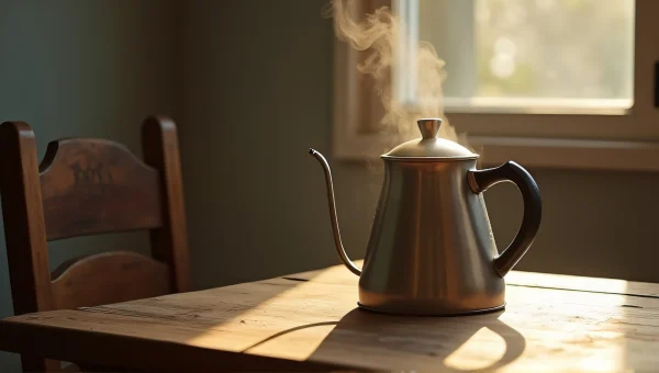 Metal Kettle Steaming on Wooden Table in Morning Light