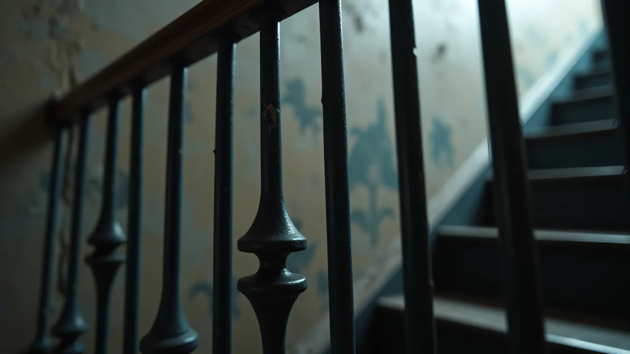 Close-up view of black and white metal railings emphasizing texture and contrast.