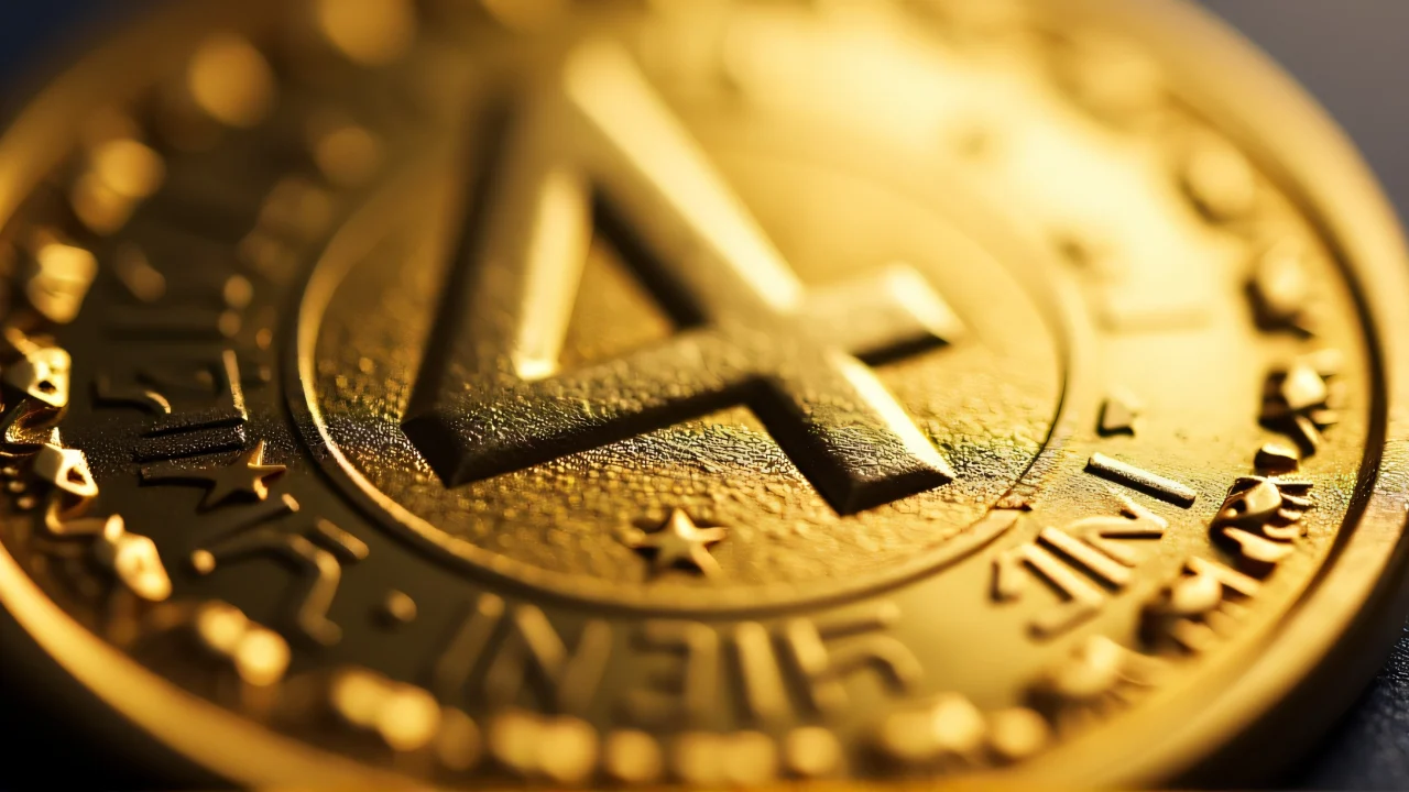 Close-up view of a metallic token featuring the numeral 4, reflecting light on a gold surface.