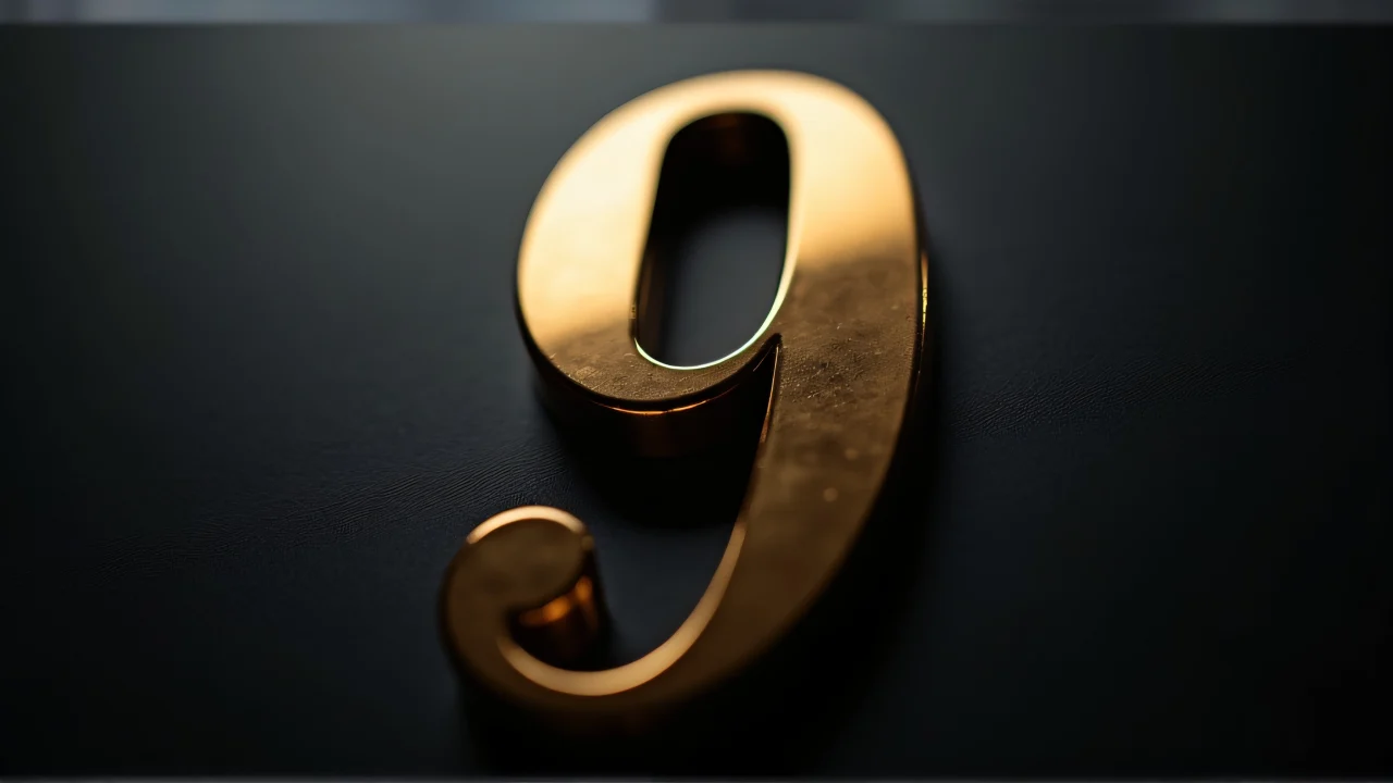 Close-up of a metallic gold numeral 9 on a matte black background.