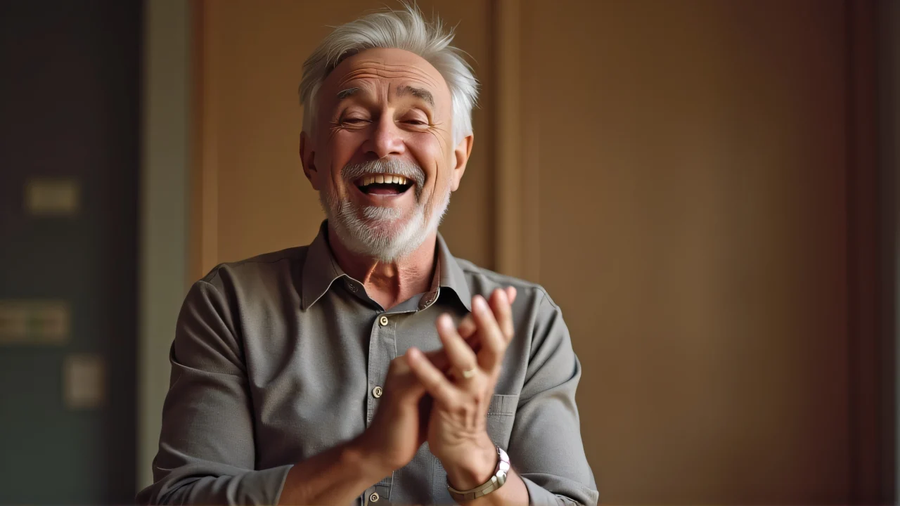 A mid-aged man laughing and clapping hands in a warmly lit indoor setting.
