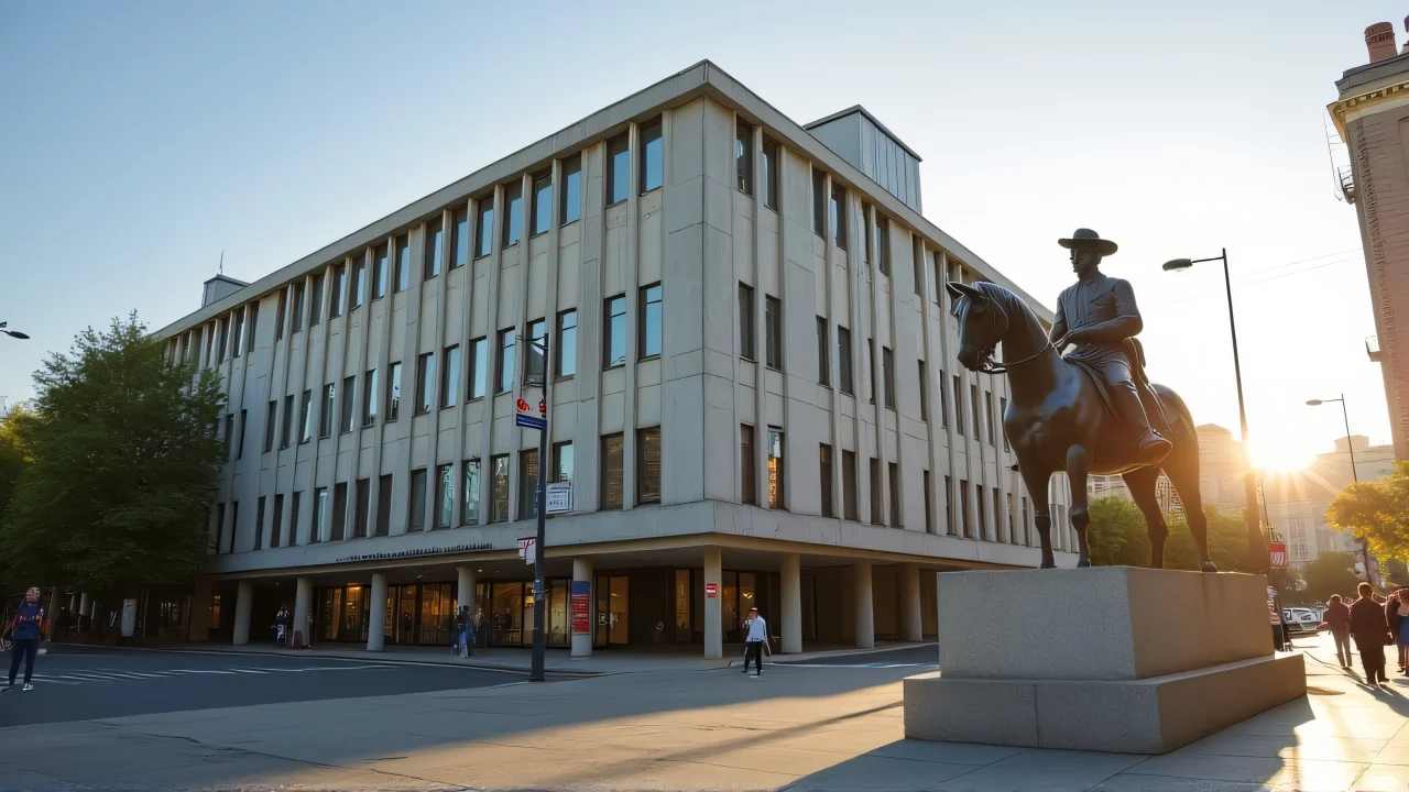 Wide-angle view of a mid-century building and bronze statue with pedestrians at sunset.
