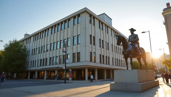 Mid-Century Building Street View With Statue