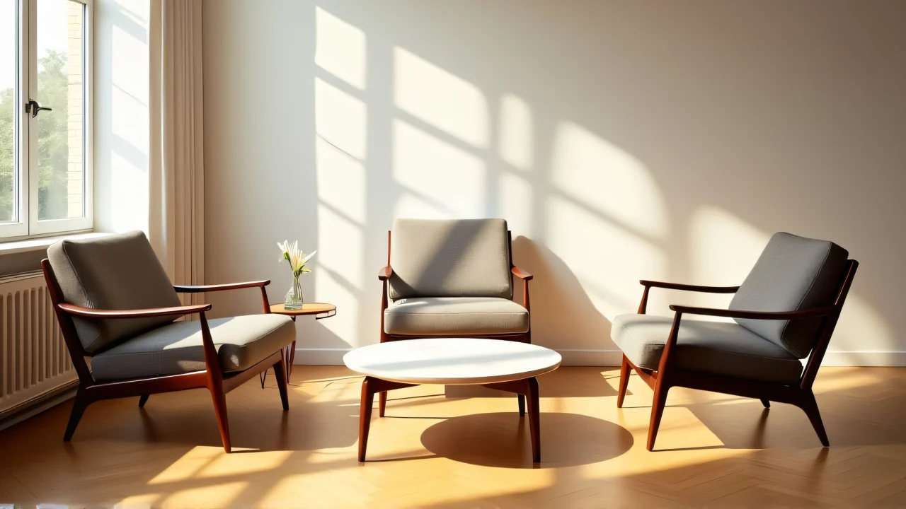 Three mid-century chairs placed around a coffee table in a sunlit living room.