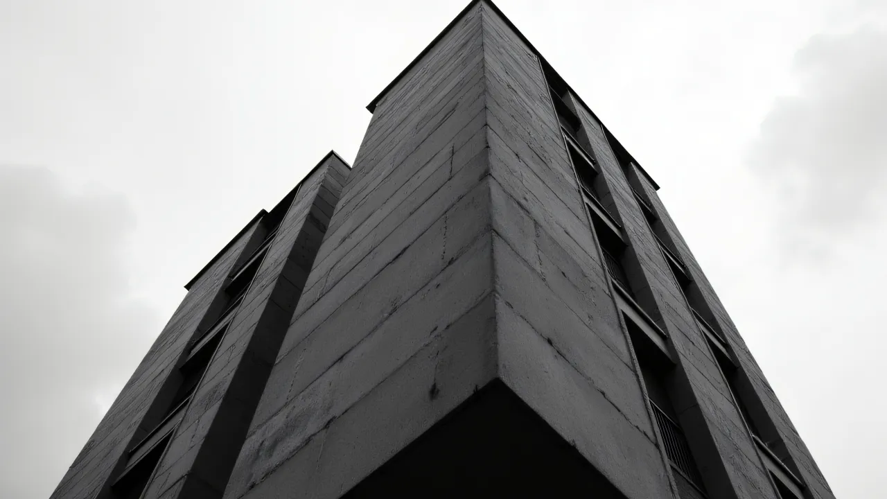 Grayscale low-angle view of a mid-century urban building with textured facade and deep shadows.