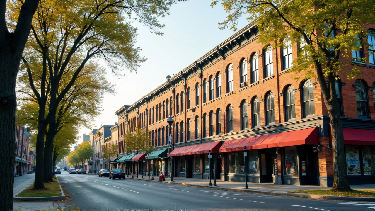 A row of mid-rise commercial buildings next to mature trees in soft afternoon light.