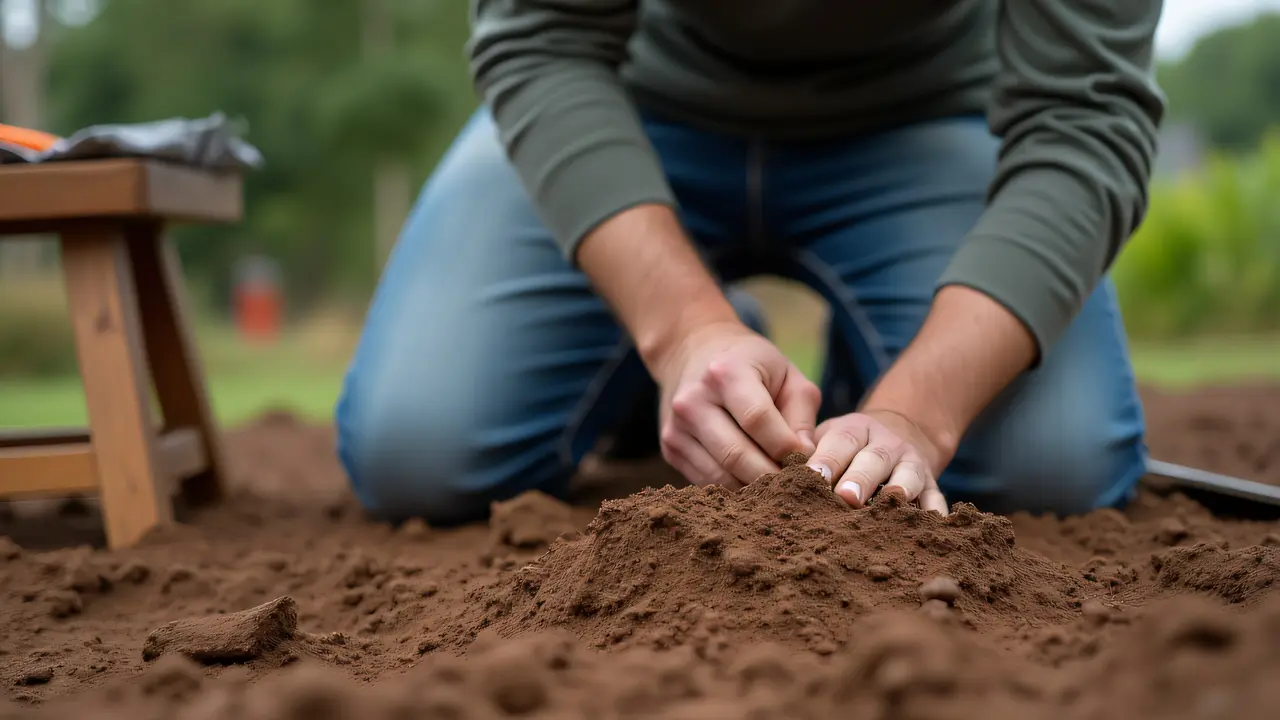 A middle-aged man kneads damp clay while kneeling on packed soil with a stool nearby.