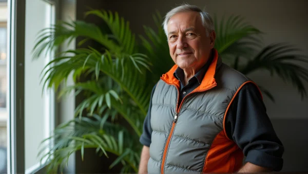 Middle-Aged Man with Palm Plant in Interior