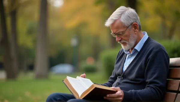 Middle-Aged Man Reading Book on Park Bench