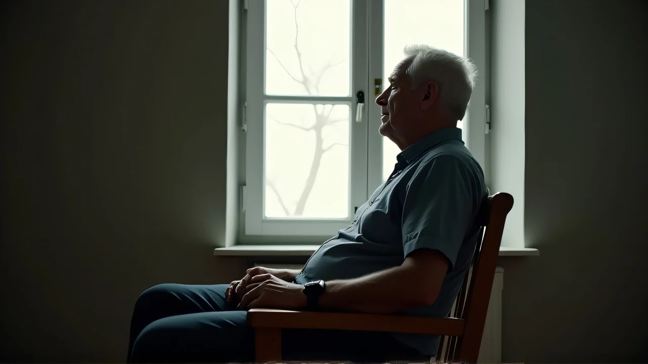 A middle-aged man sits in a wooden chair by a window with soft backlighting.