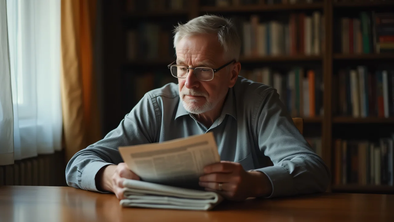 A middle-aged individual enjoys reading a folded newspaper by a window in a cozy room with bookshelves.