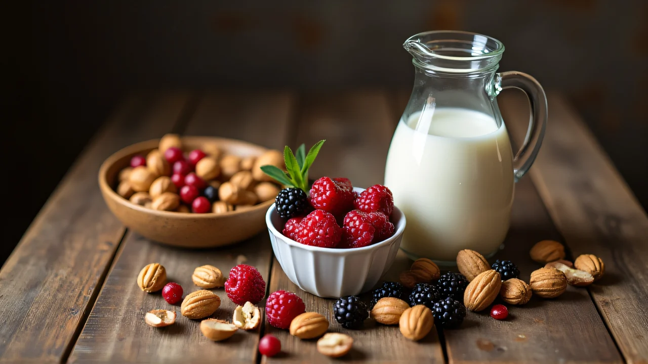 A still life of a glass milk pitcher surrounded by various nuts and berries on a wooden table.