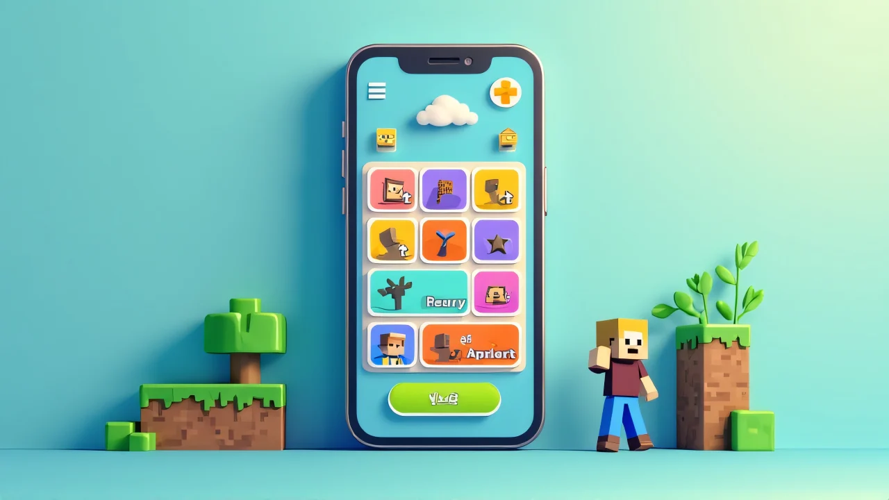 Mobile app interface mockup for a Minecraft-style game featuring a vibrant inventory grid and blocky characters.