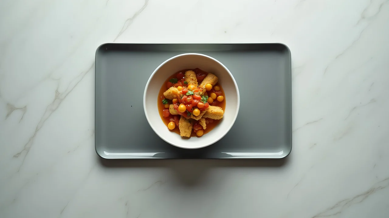 Overhead view of a bowl filled with food on a gray tray, set on a minimalist table.