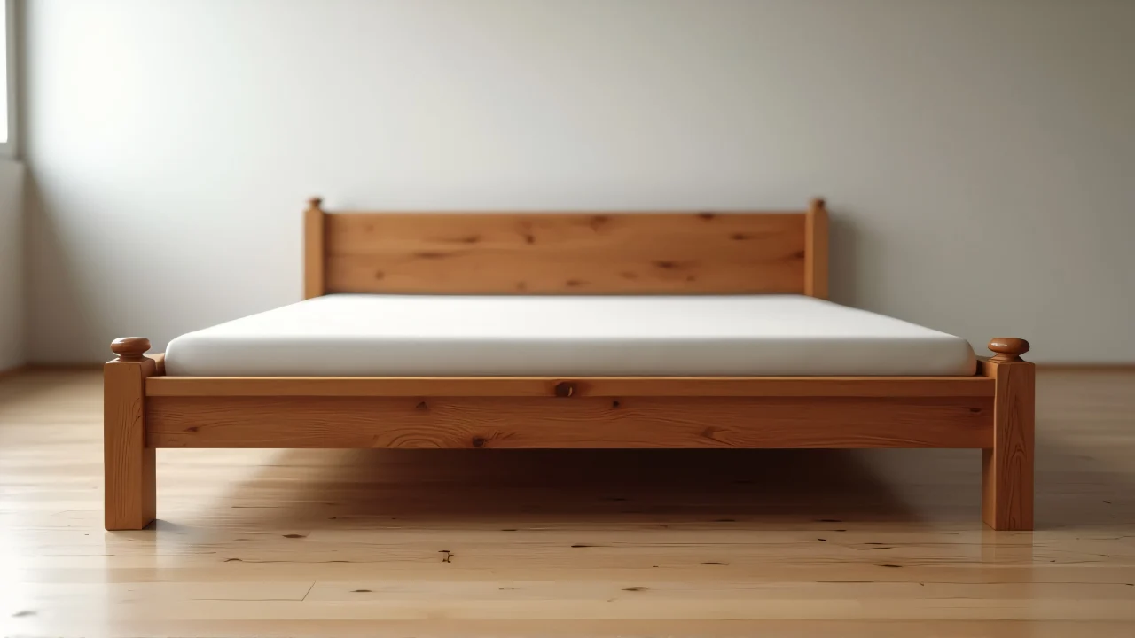 A brown wooden bed frame in a minimalist bedroom with soft lighting.