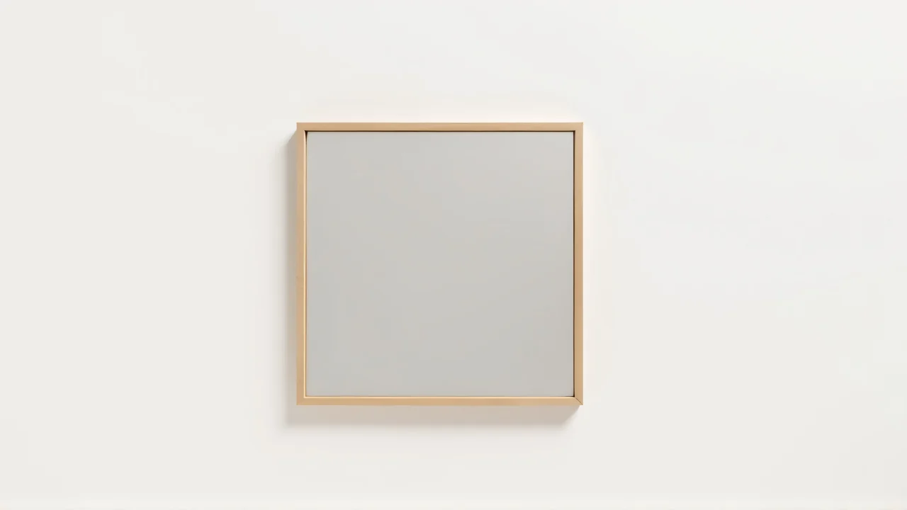 Square brown wooden framed mirror on a white wall.