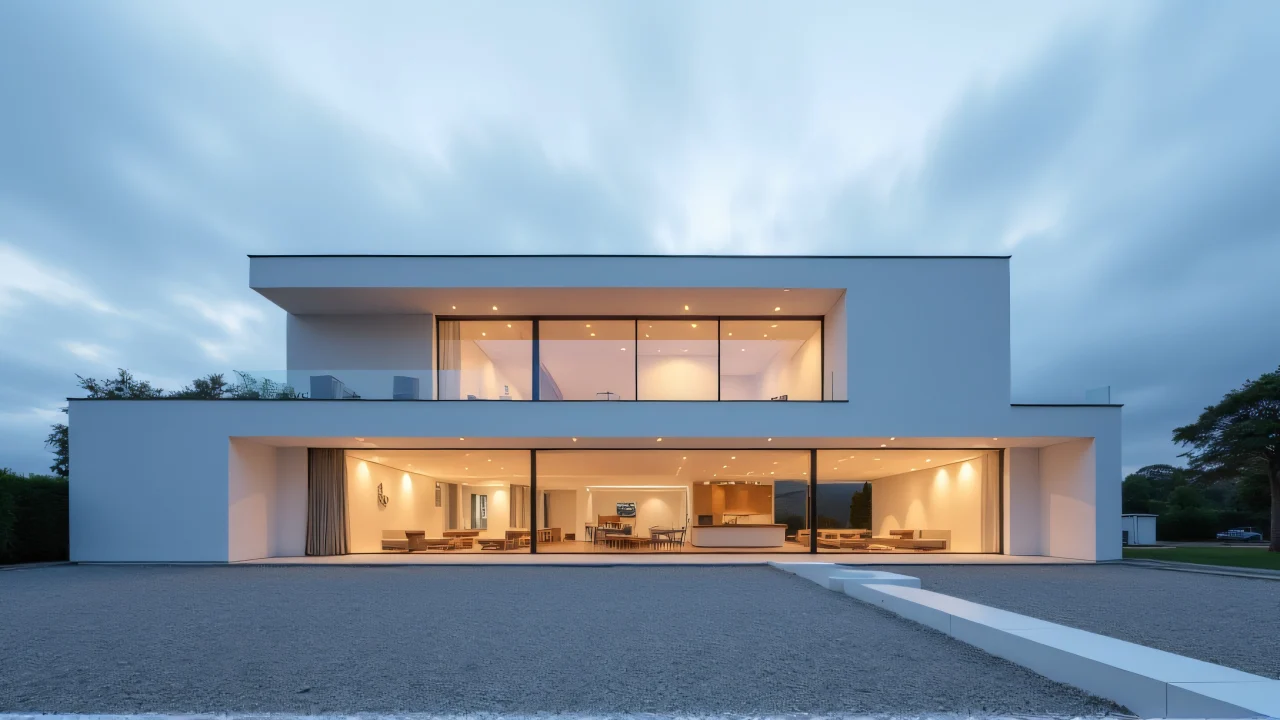 A three-story minimalist concrete house with large windows at dusk.
