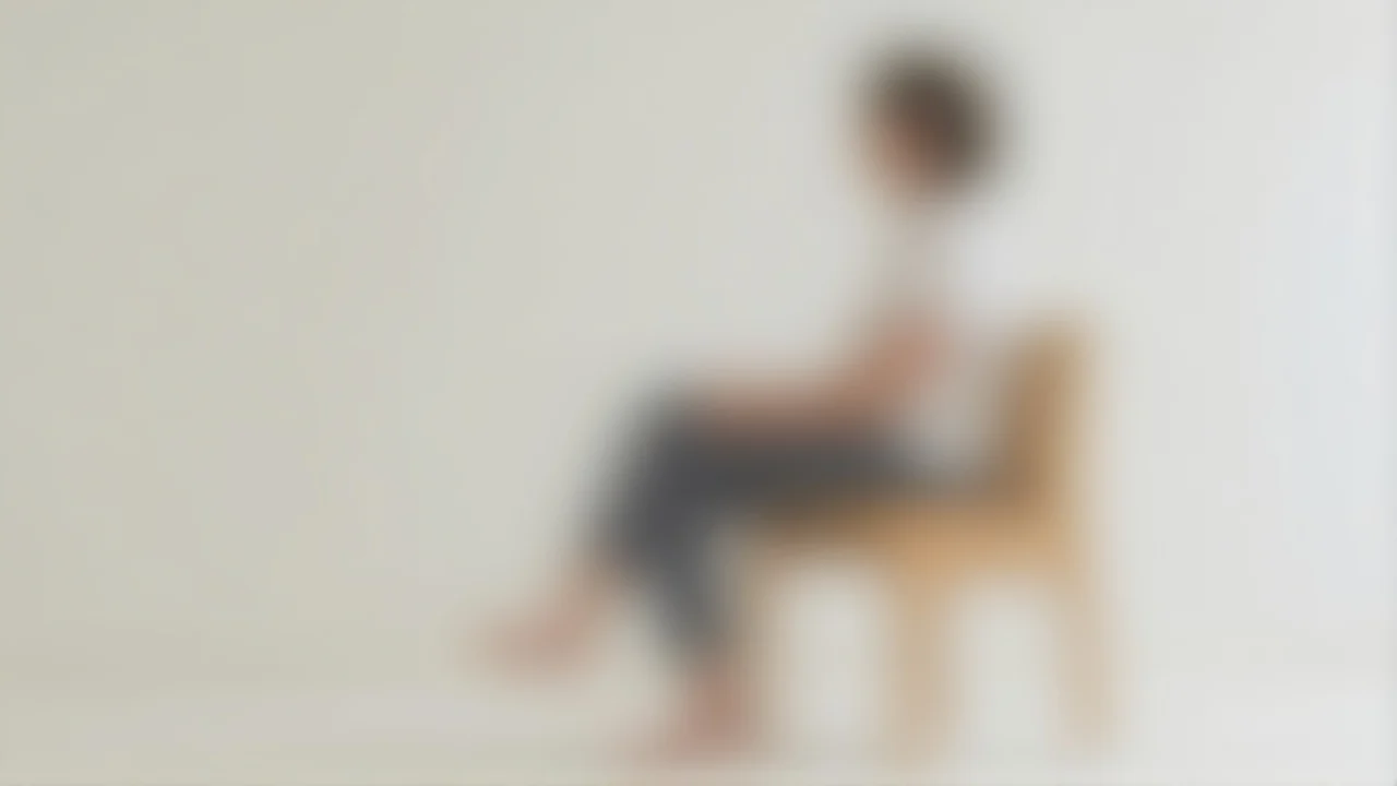 A person sits in a chair within a minimalist room, softly lit.