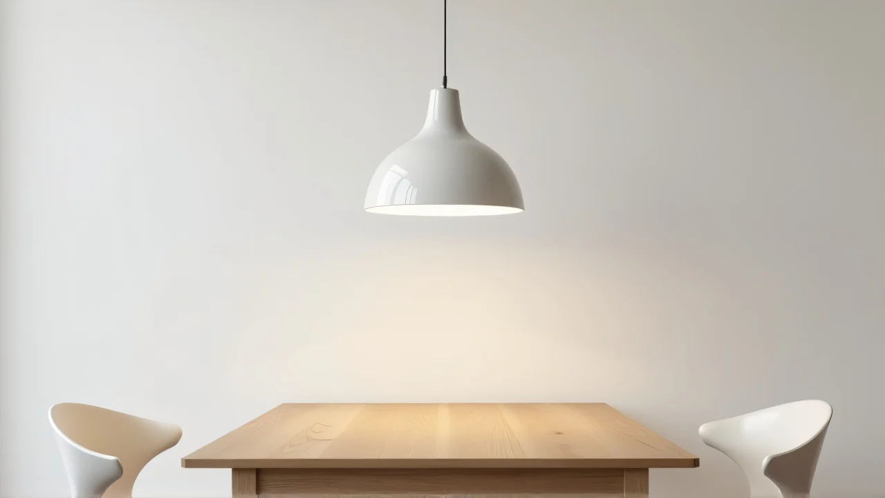 A white pendant lamp hangs above a wooden dining table in a minimalist setting.