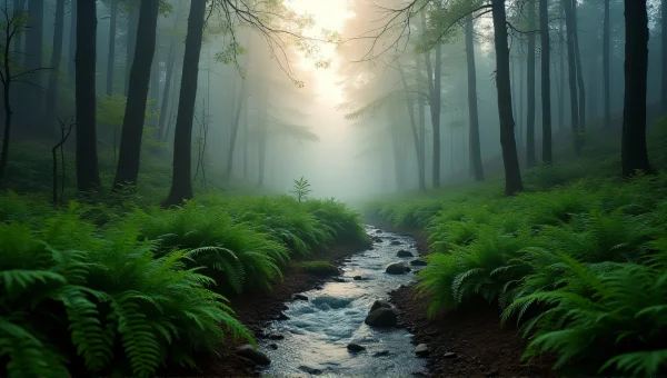 Misty Forest Stream At Dawn Through Ferns