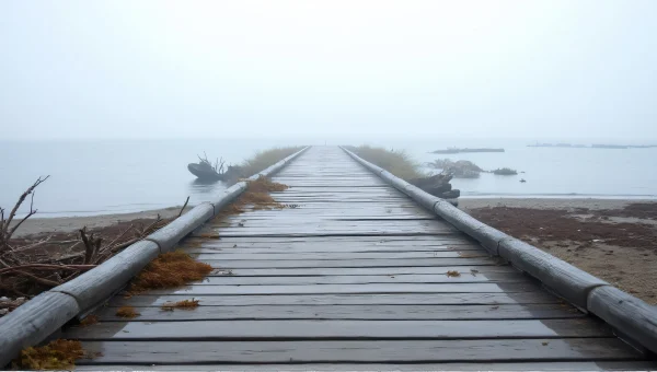 Misty Shoreline View from Weathered Dock