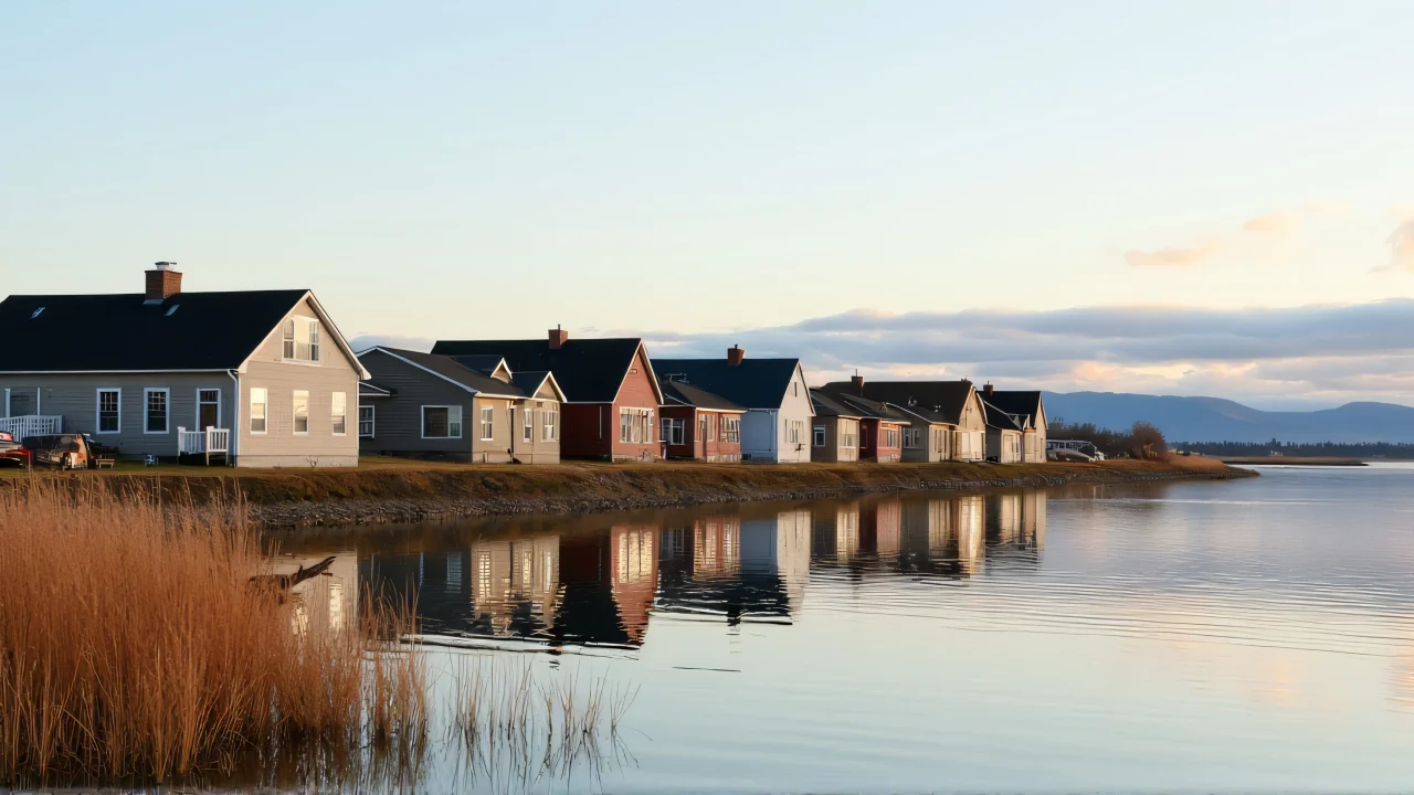 A row of mixed buildings and houses reflecting on calm water at the shoreline.
