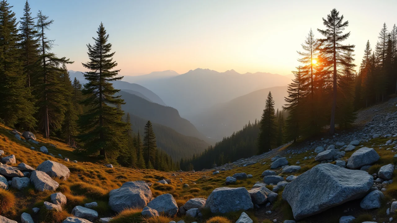 Wide-angle view of mixed conifers in a mountain landscape during golden hour with mossy rocks in the foreground.