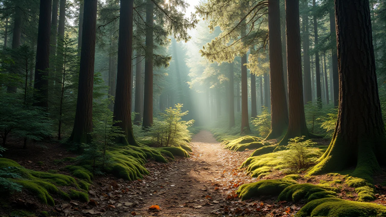 A serene forest pathway with sunlight filtering through trees and mossy ground.