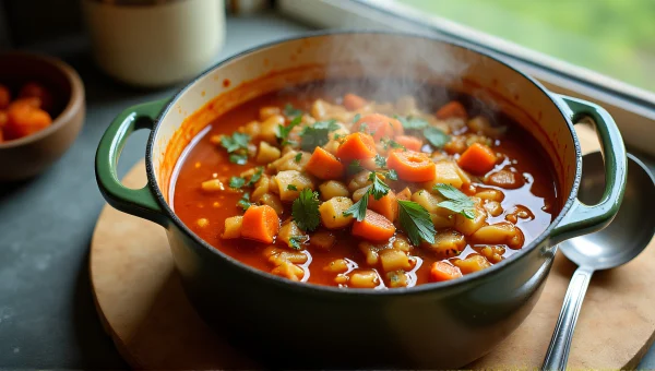 Mixed Vegetable Stew In Ceramic Pot With Ladle