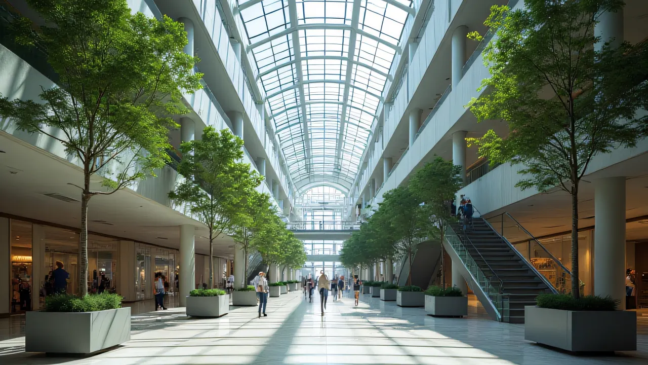 Interior view of a modern atrium featuring a glass ceiling and marble floors filled with people.