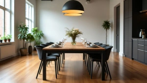 Modern Black Wooden Dining Table In Sunlit Loft