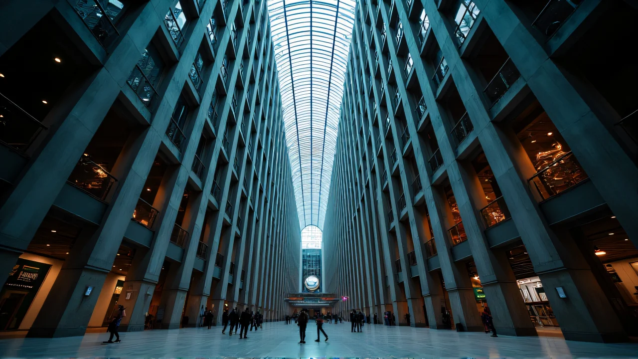 Low-angle view of a modern building's interior atrium featuring a glass skylight and visitors for scale.