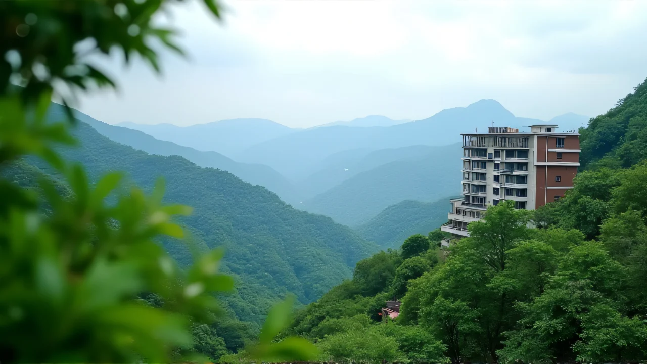 A modern low-rise building nestled among verdant trees and layered mountains under soft overcast light.