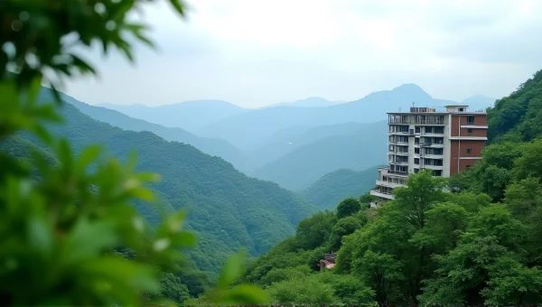 Modern Building Surrounded By Lush Trees And Mountains