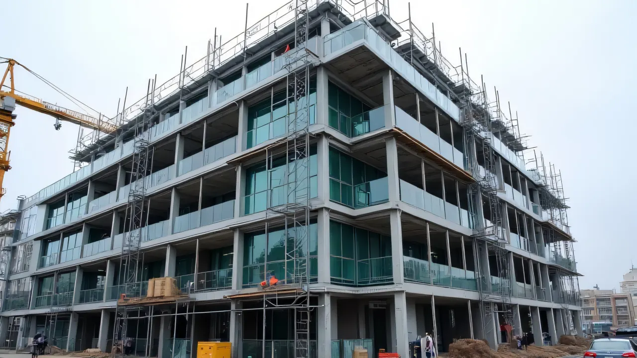 A modern multi-story building under construction with scaffolding and workers, featuring steel and glass.