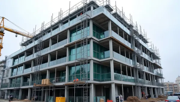 Modern Building Under Construction With Workers