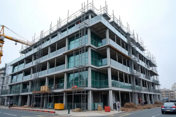 Modern Building Under Construction With Workers