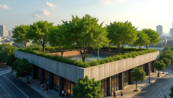 Modern City Building Rooftop Trees and Pedestrians