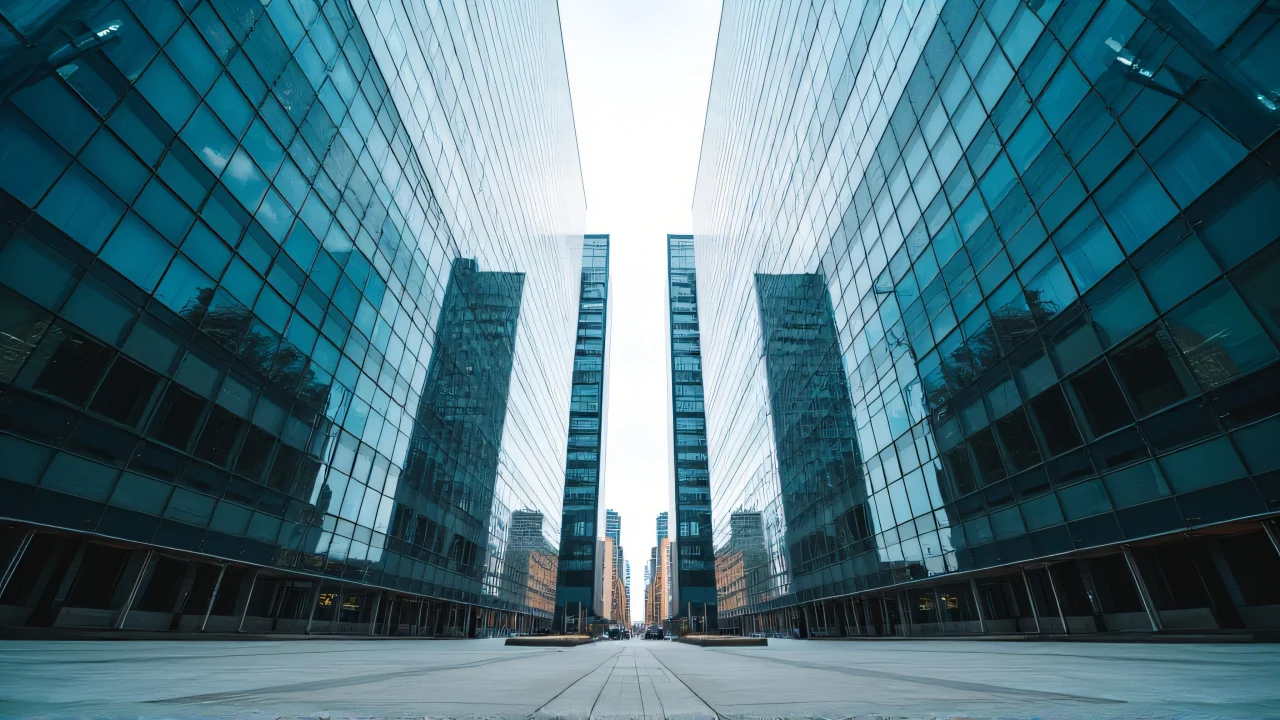 Low-angle view of a glass office tower reflecting the sky.