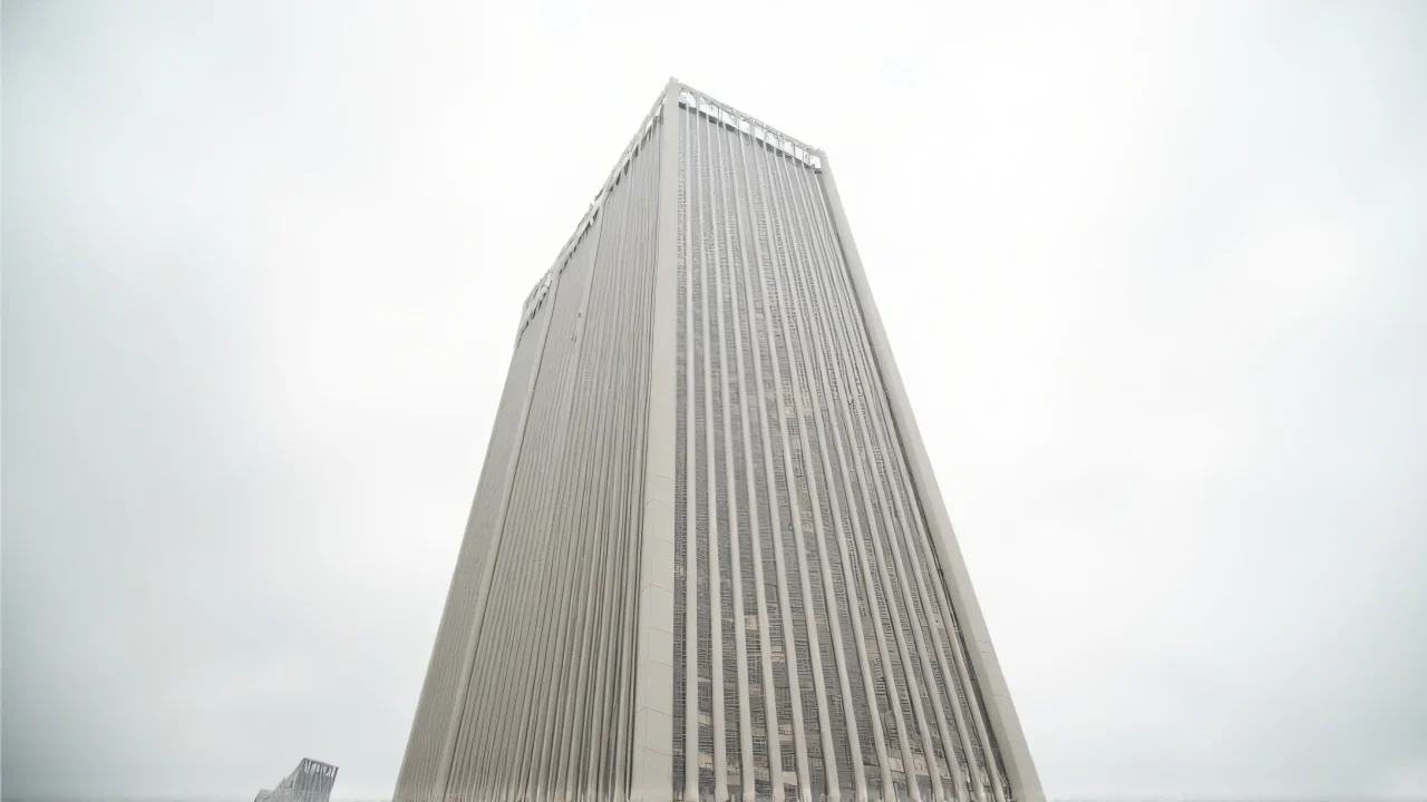 A sleek high-rise tower with reflective windows overlooking a plaza under an overcast sky.