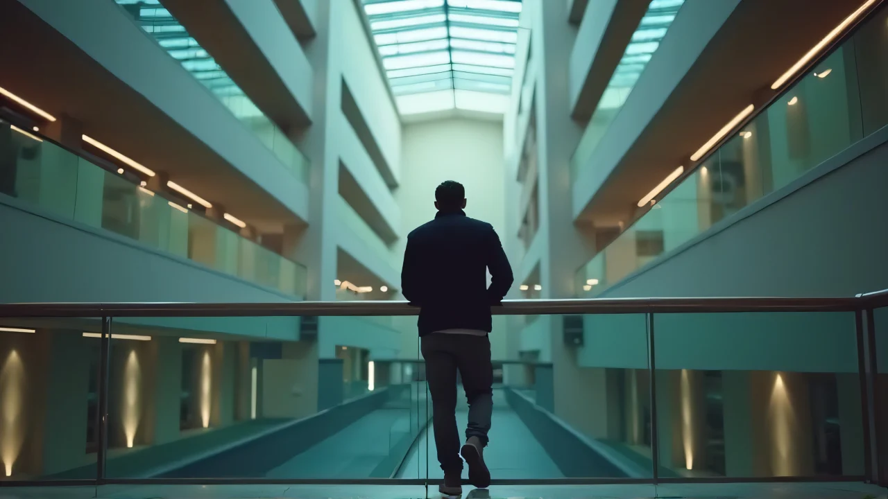 A man stands near a railing in a modern indoor walkway, showcasing contemporary architecture.