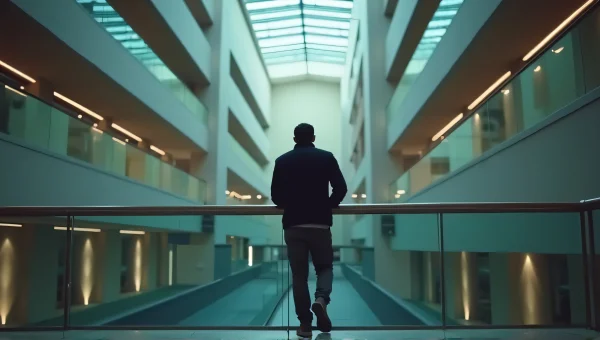 Modern Indoor Walkway Man Standing Railing