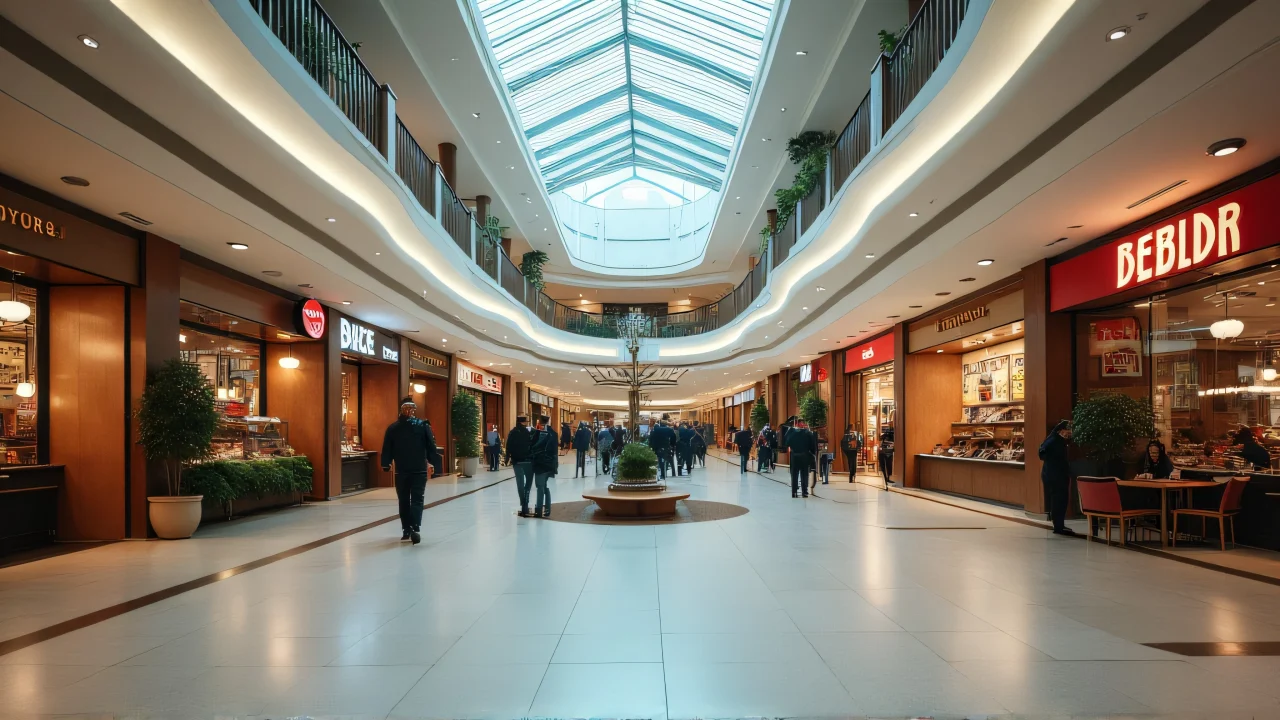 Wide-angle view of a modern mall interior with shoppers and restaurants.